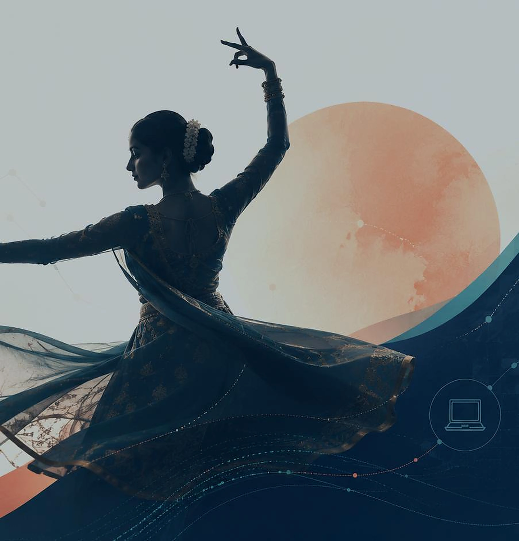 BollyFusion business plan artwork showing an expressive South Asian dancer in flowing fabric